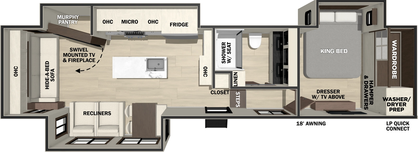 The Cedar Creek 361RL floorplan has one entry and three slide outs. Exterior features include: fiberglass exterior and 18' awning. Interiors features include: kitchen island, front bedroom and rear living.